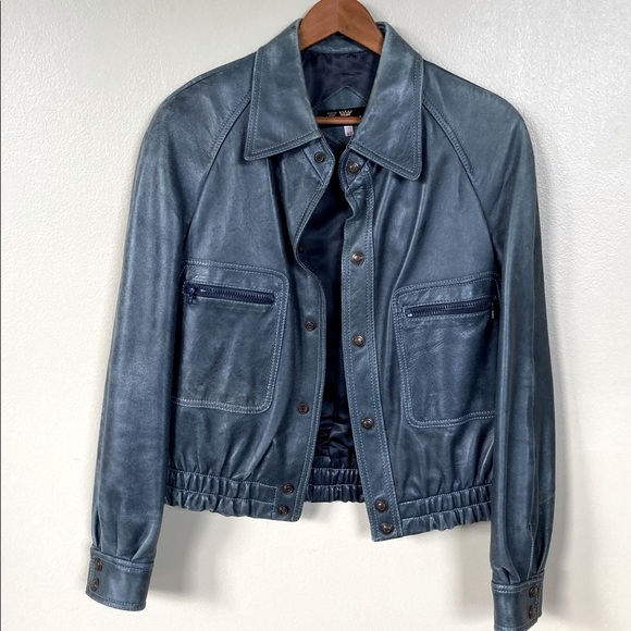 Cortefiel Other - Cortefiel Blue Leather Vintage Bomber Jacket